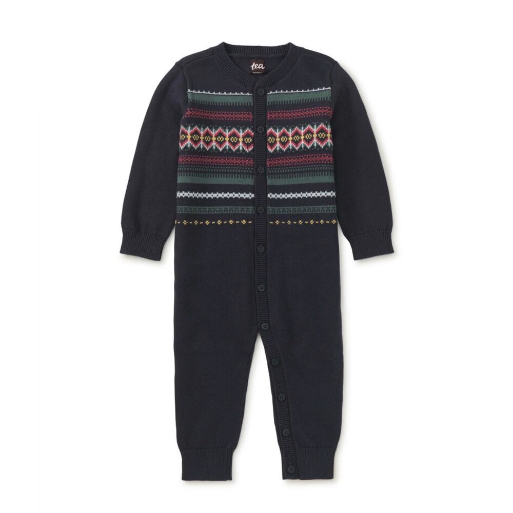 Tea Collection Cozy Fair Isle Sweater Baby Romper in Navy Blue. 12-18 mos.